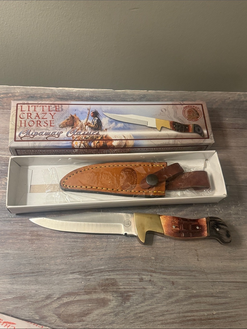 Little Crazy Horse Chipaway Classics Bone Handle Knife with leather sheath NIB